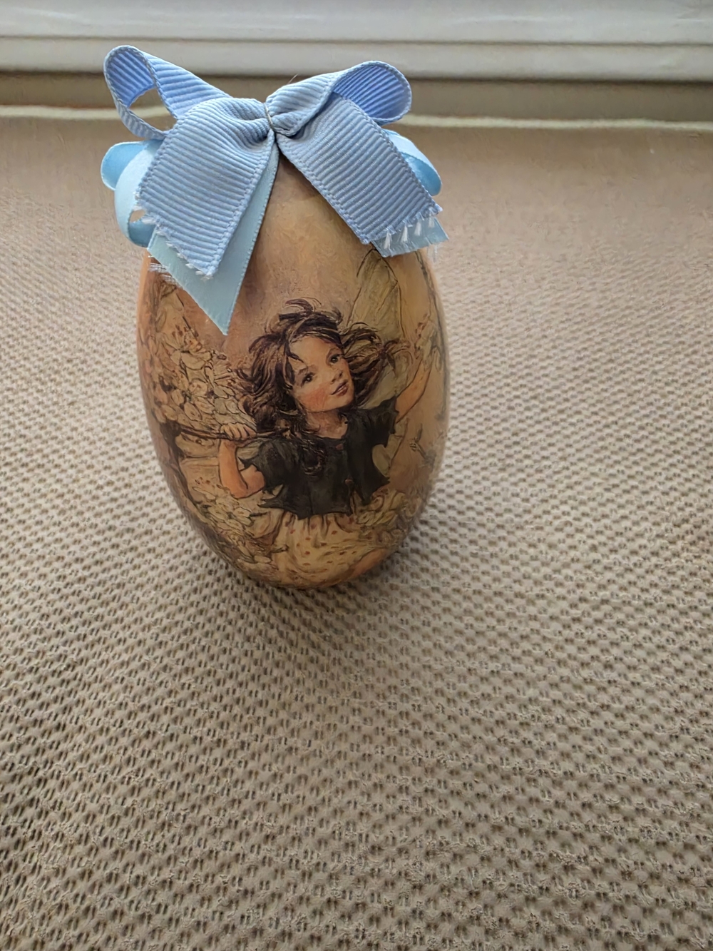 Vintage 1987 Festival Of Flower Fairy Egg Ornament with Blue Bow